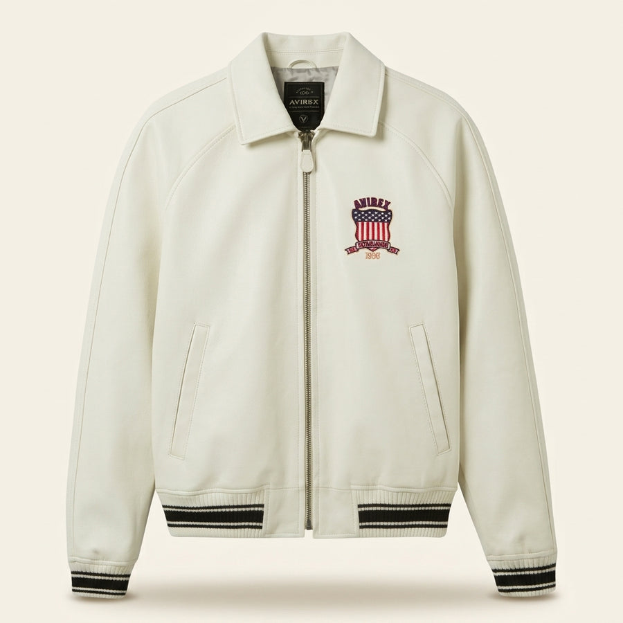 Avirex Icon Inspired White Leather Bomber Jacket