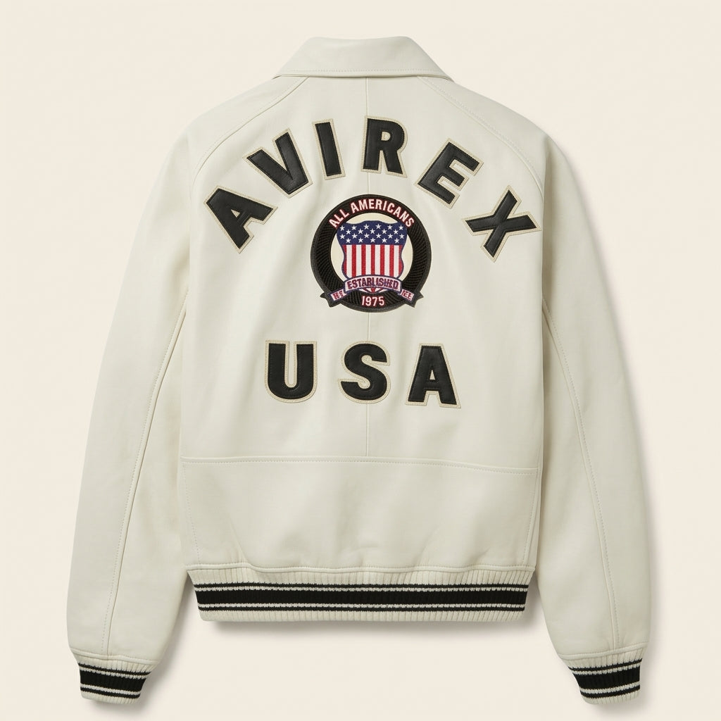 Avirex Icon Inspired White Leather Bomber Jacket