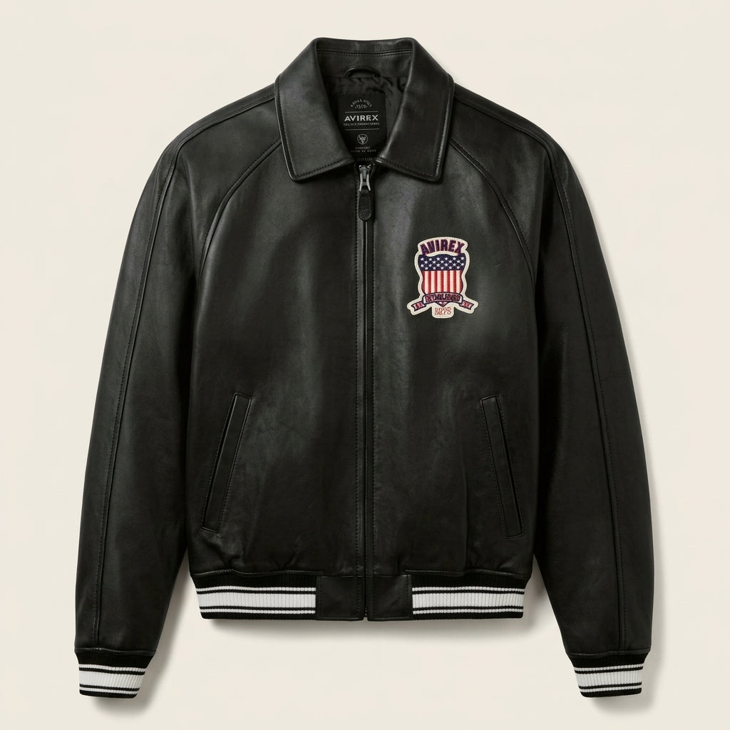 Avirex Icon Inspired Black Leather Bomber Jacket