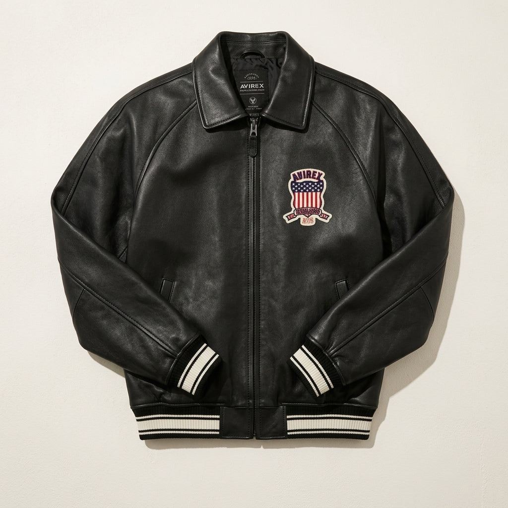 Avirex Icon Inspired Black Leather Bomber Jacket