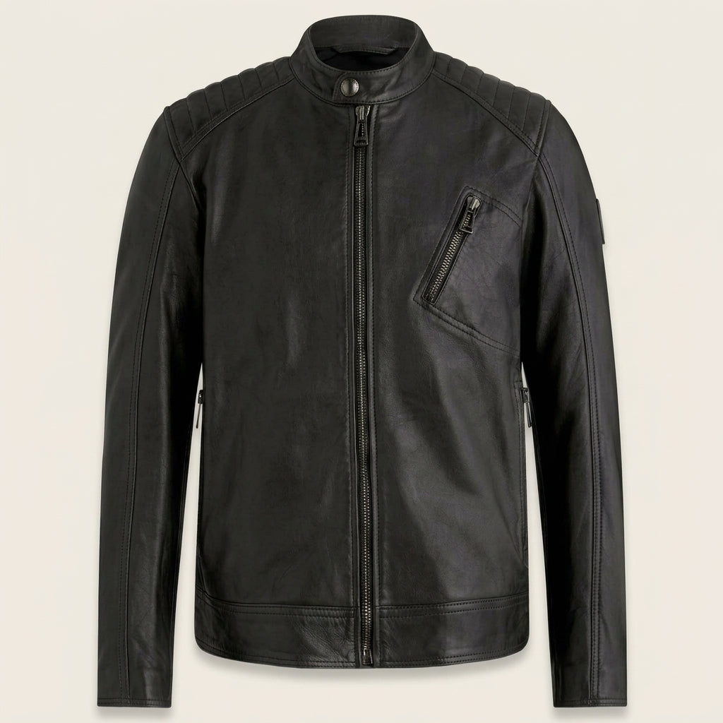 Belstaff V Racer Inspired Men's Leather Cafe Racer Jacket – Black