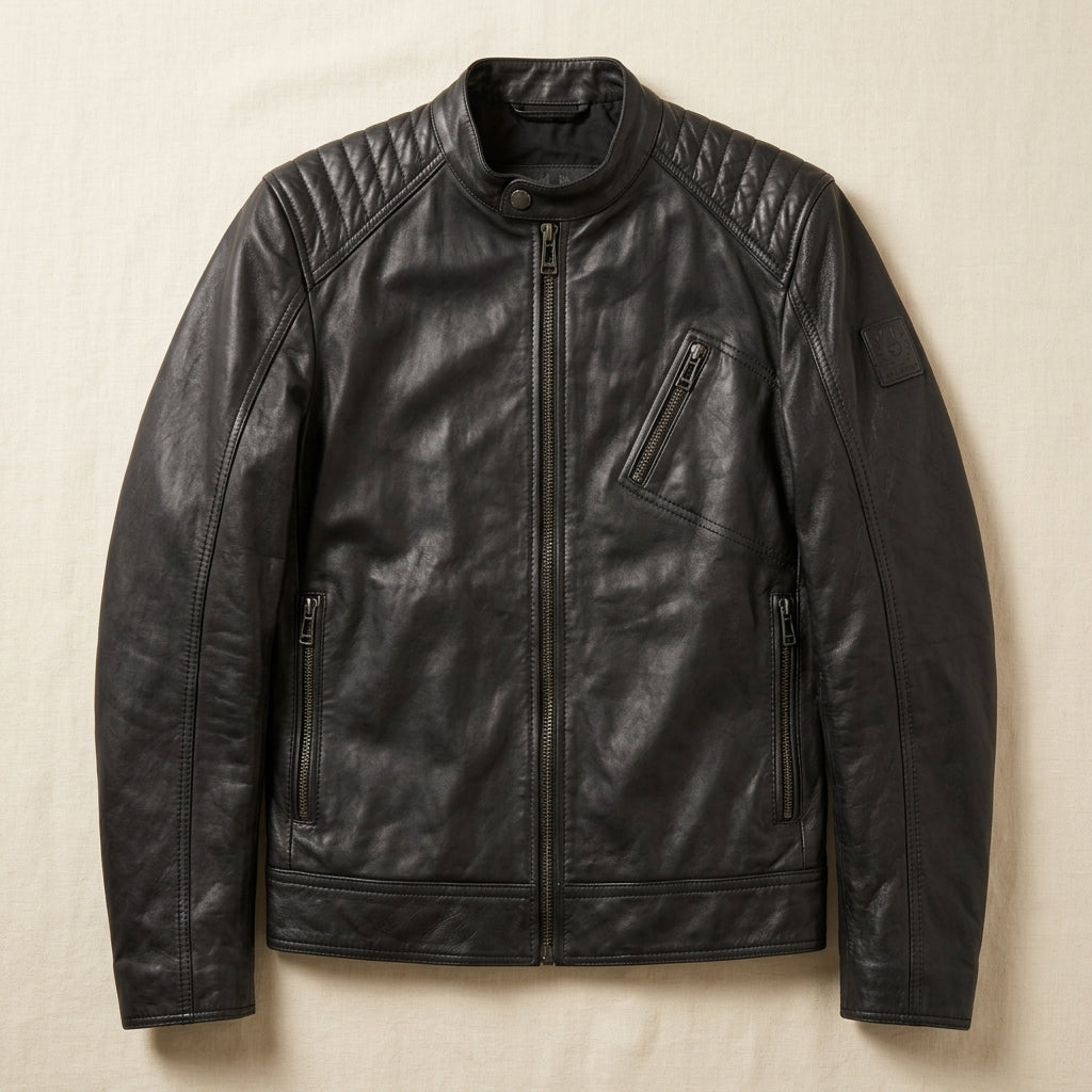 Belstaff V Racer Inspired Men's Leather Cafe Racer Jacket – Black