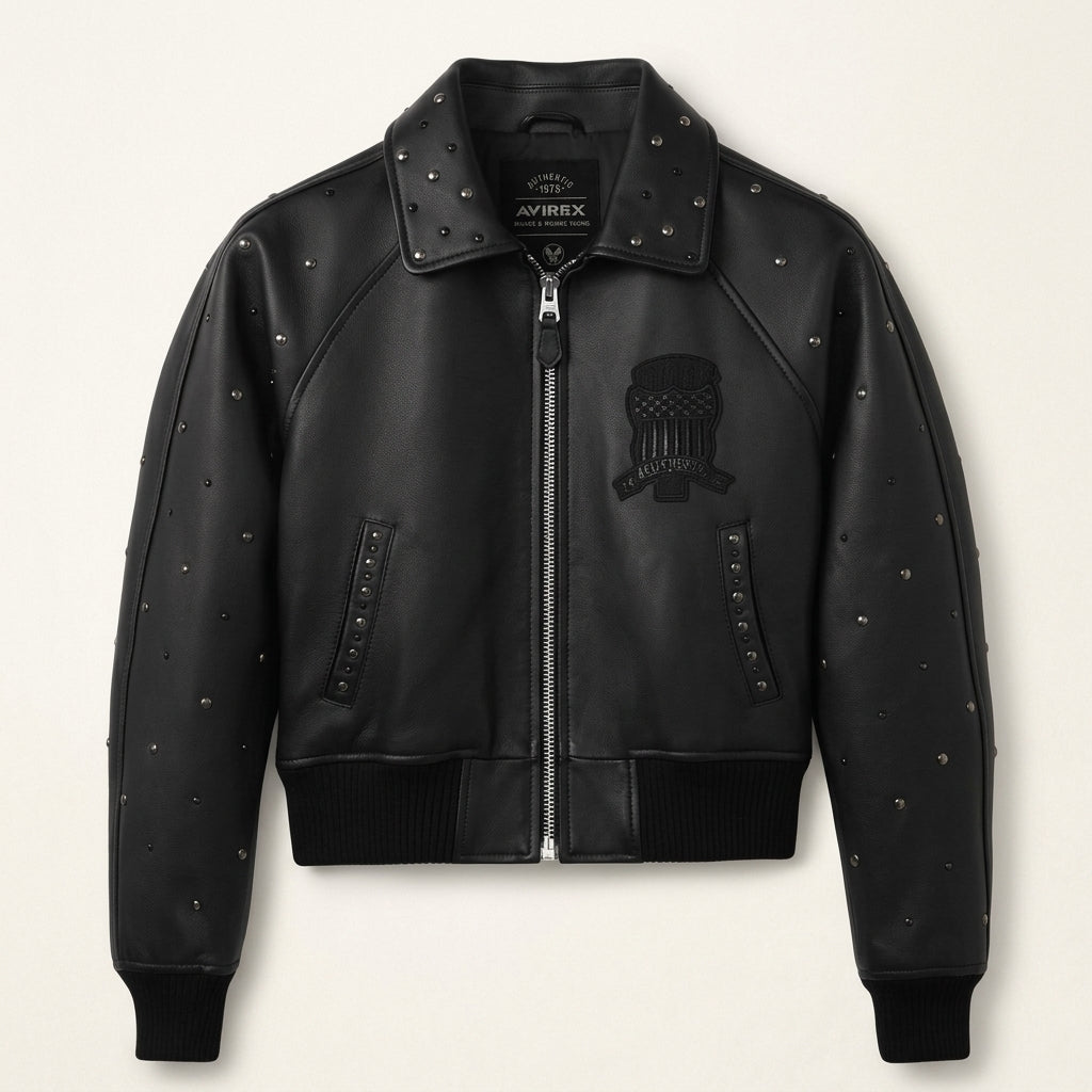 Avirex Cropped Icon Inspired Women's Leather Bomber Jacket – Black