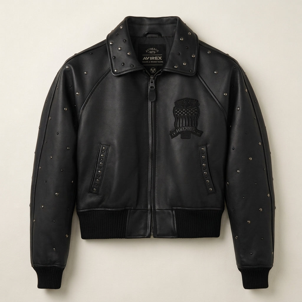 Avirex Cropped Icon Inspired Women's Leather Bomber Jacket – Black