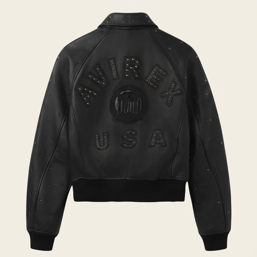 Avirex Cropped Icon Inspired Women's Leather Bomber Jacket – Black