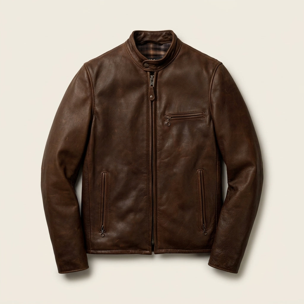 Schott 530 Inspired Men's Leather Cafe Racer Jacket – Dark Brown