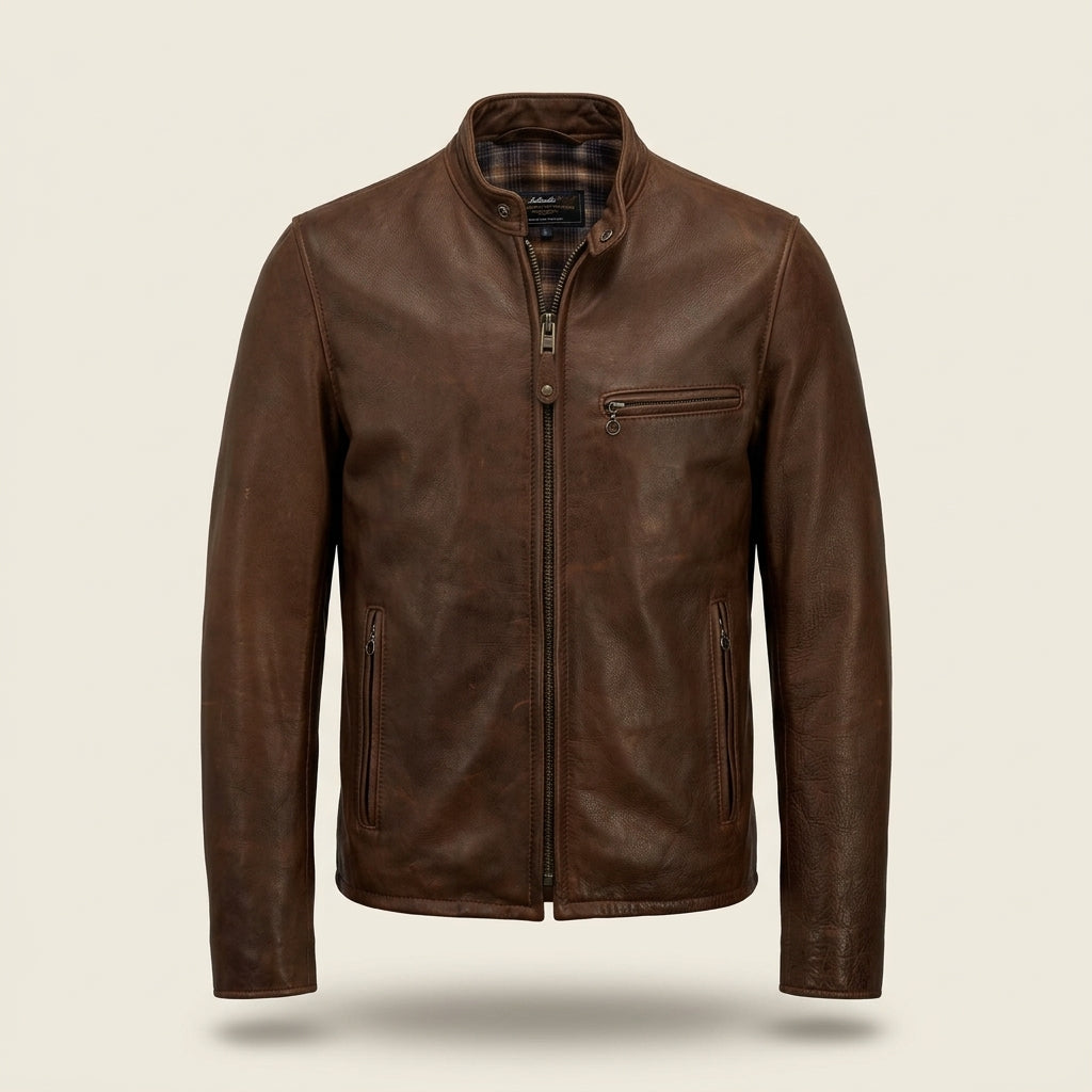 Schott 530 Inspired Men's Leather Cafe Racer Jacket – Dark Brown