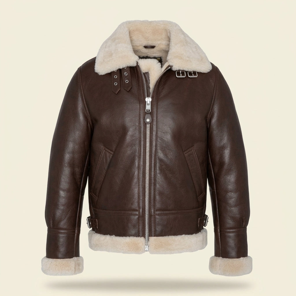 Schott B-3 Inspired Men's Shearling Leather Bomber Jacket – Brown
