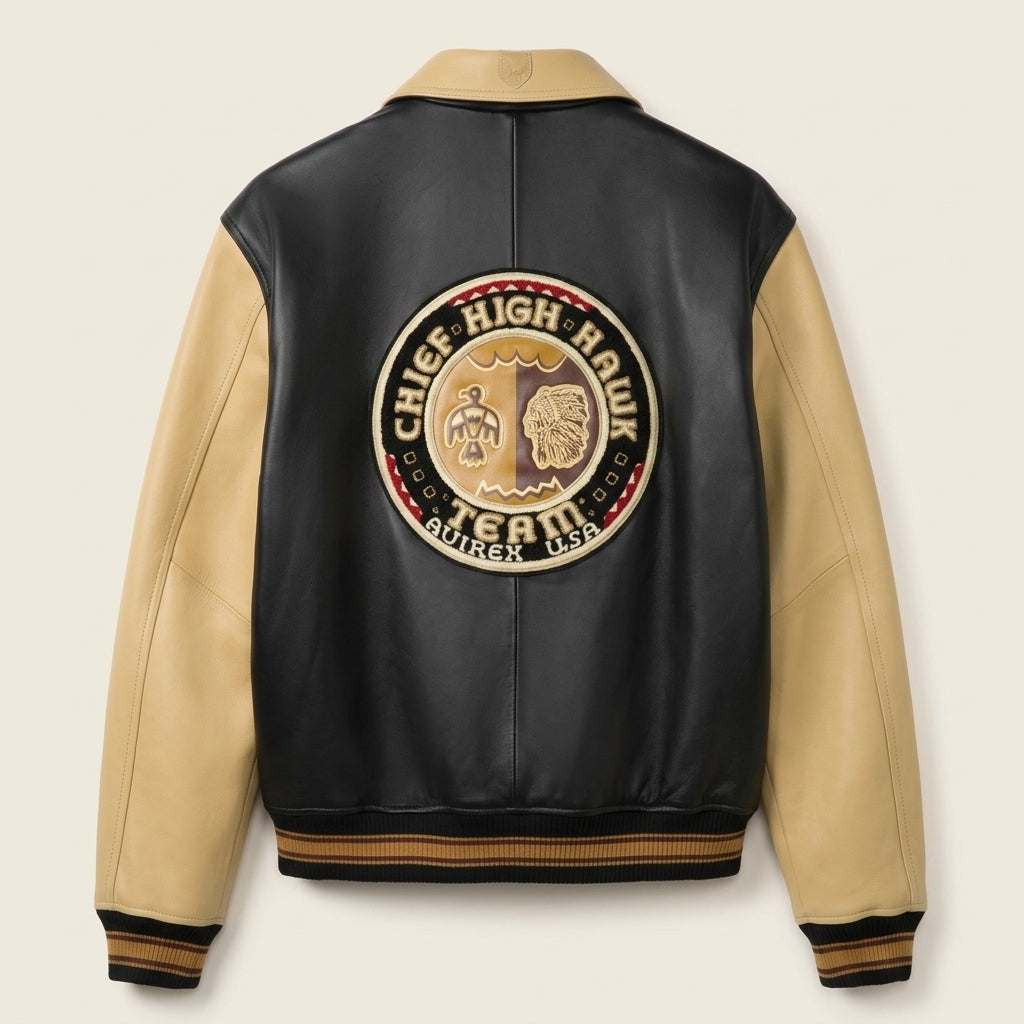 Avirex Inspired Men's Leather Varsity Jacket – Black & Cream