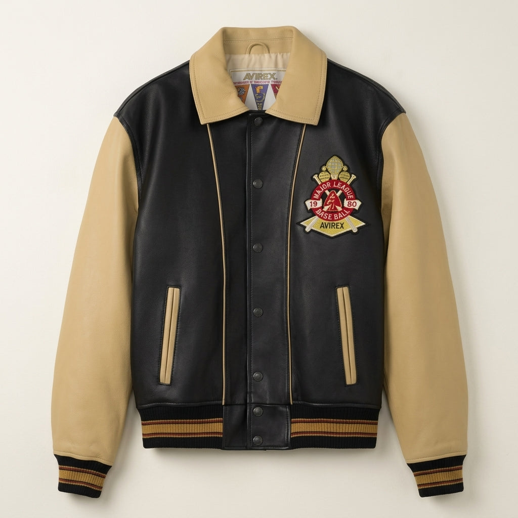 Avirex Inspired Men's Leather Varsity Jacket – Black & Cream