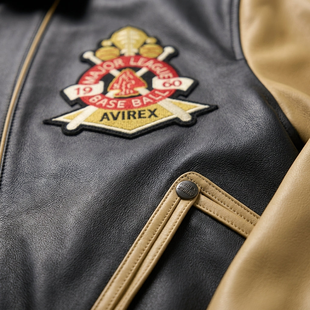 Avirex Inspired Men's Leather Varsity Jacket – Black & Cream