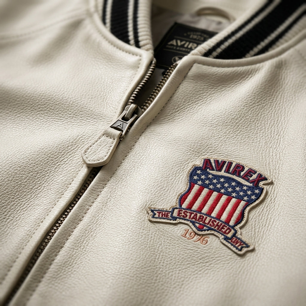 Avirex Icon Inspired White Leather Bomber Jacket