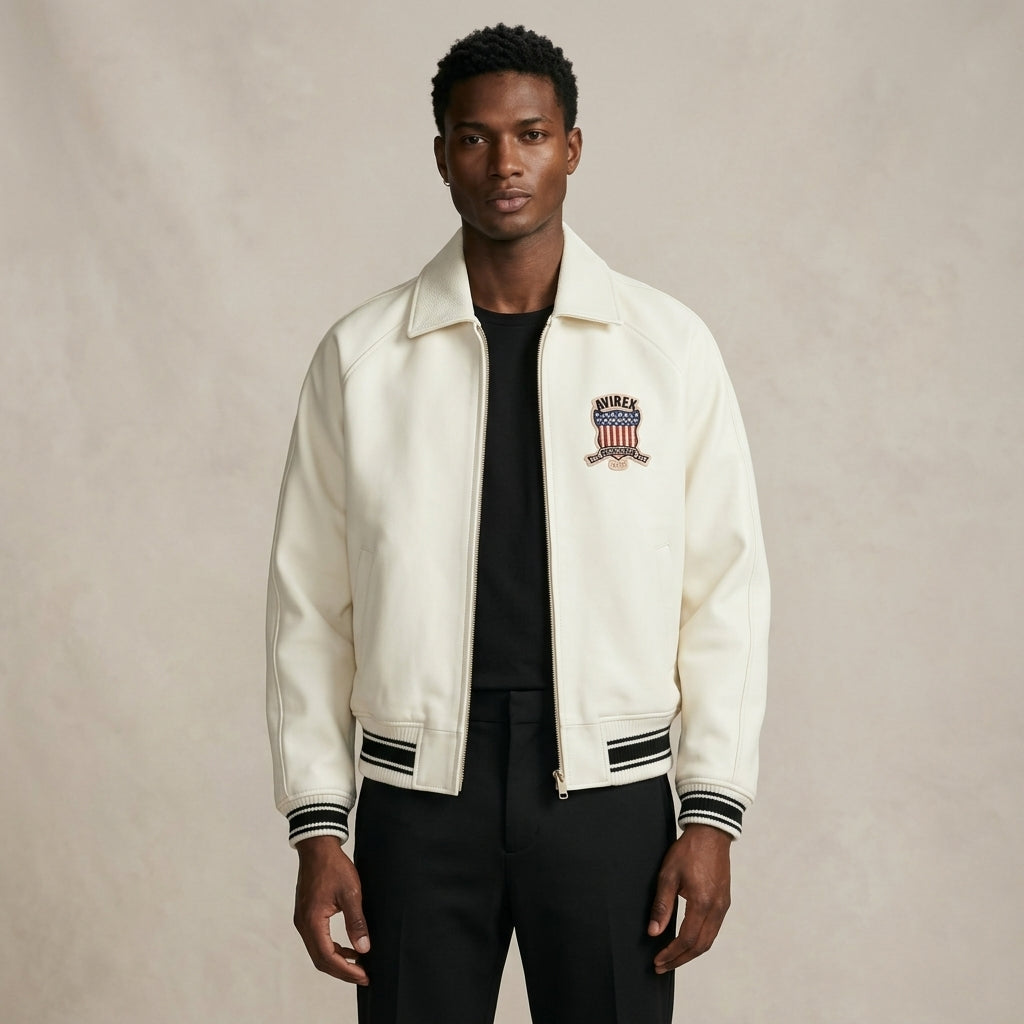 Avirex Icon Inspired White Leather Bomber Jacket
