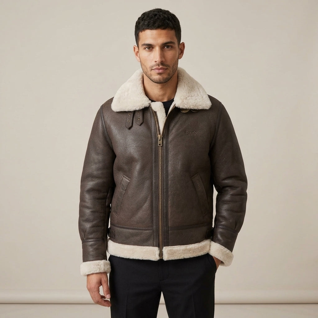 Schott B-3 Inspired Men's Shearling Leather Bomber Jacket – Brown