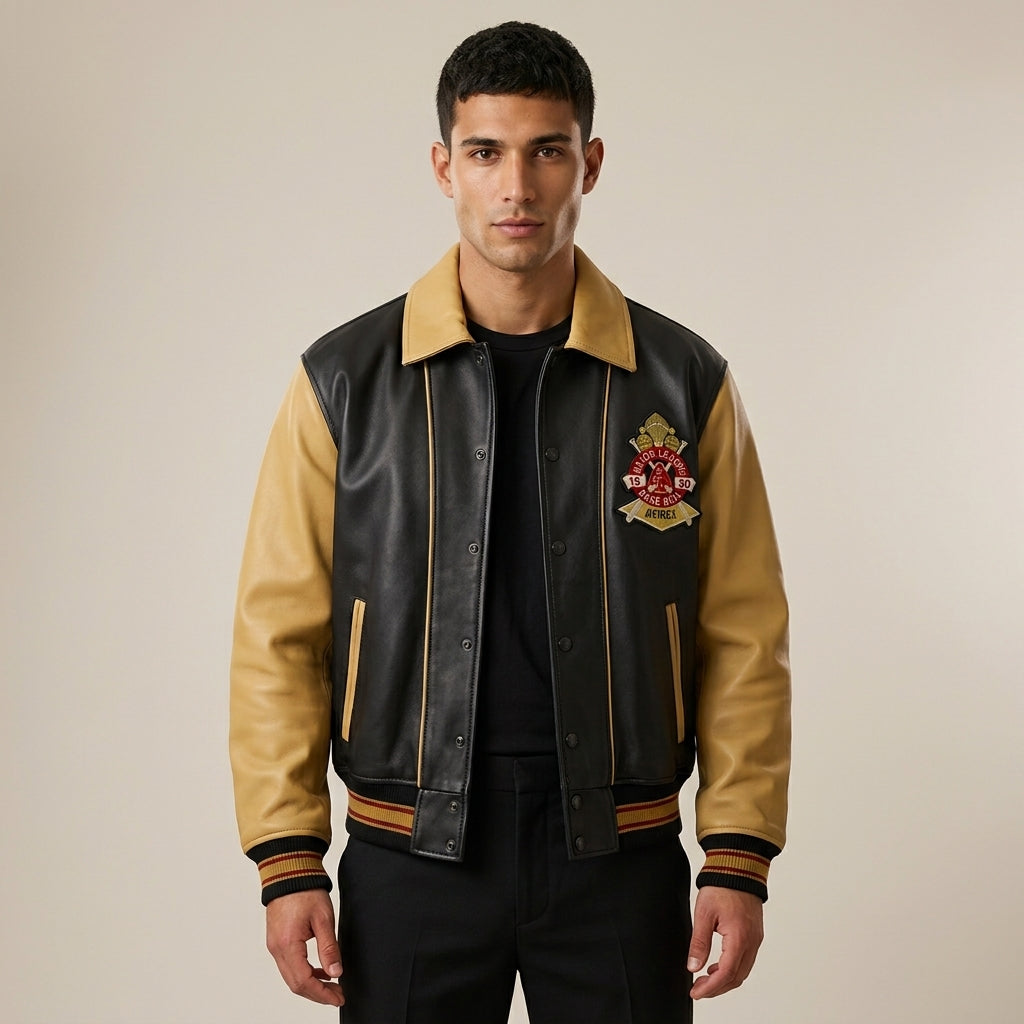 Avirex Inspired Men's Leather Varsity Jacket – Black & Cream