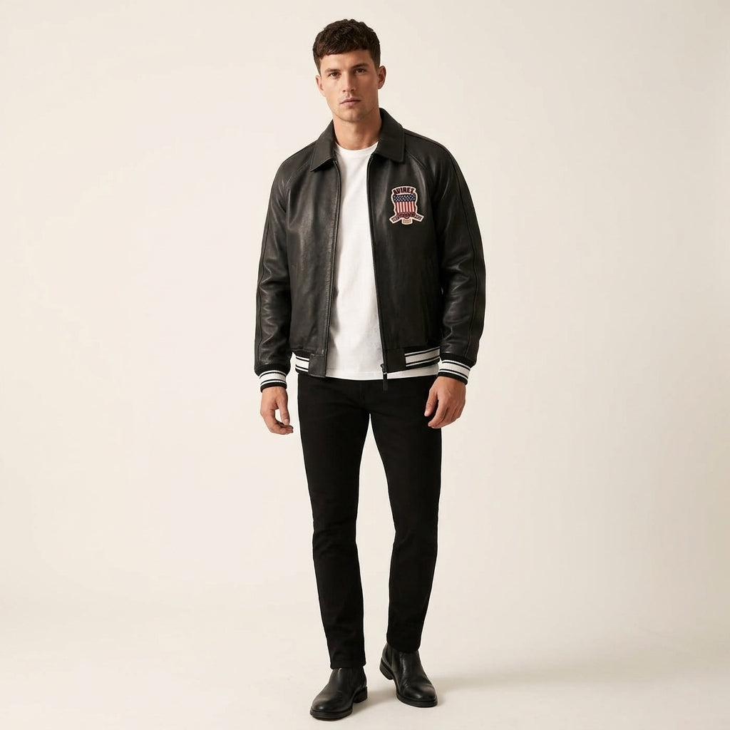Avirex Icon Inspired Black Leather Bomber Jacket