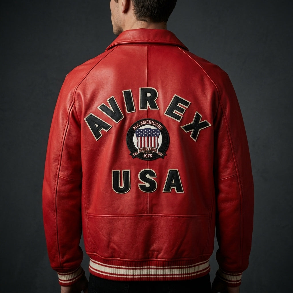 Avirex Icon Inspired Red Leather Bomber Jacket
