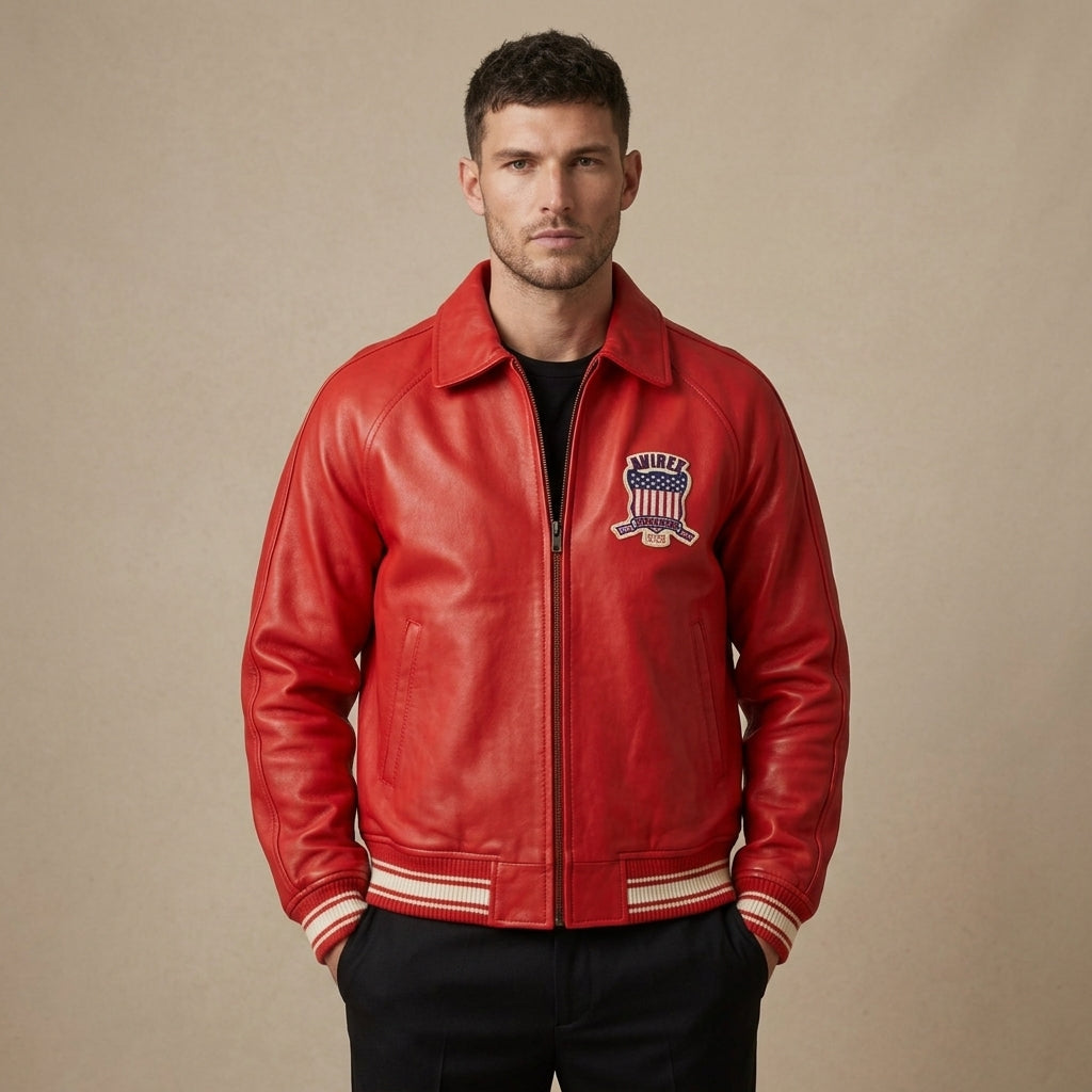 Avirex Icon Inspired Red Leather Bomber Jacket