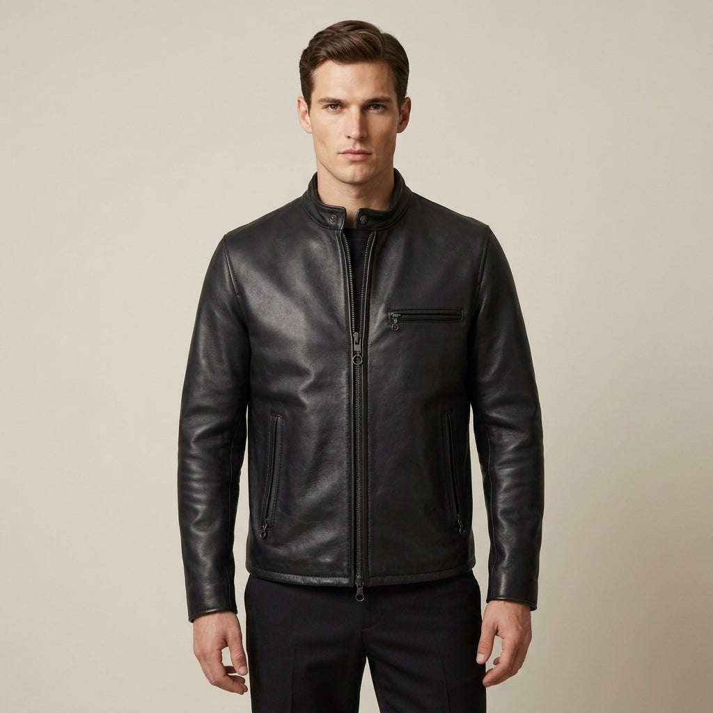 Schott 530 Inspired Men's Leather Cafe Racer Jacket – Black