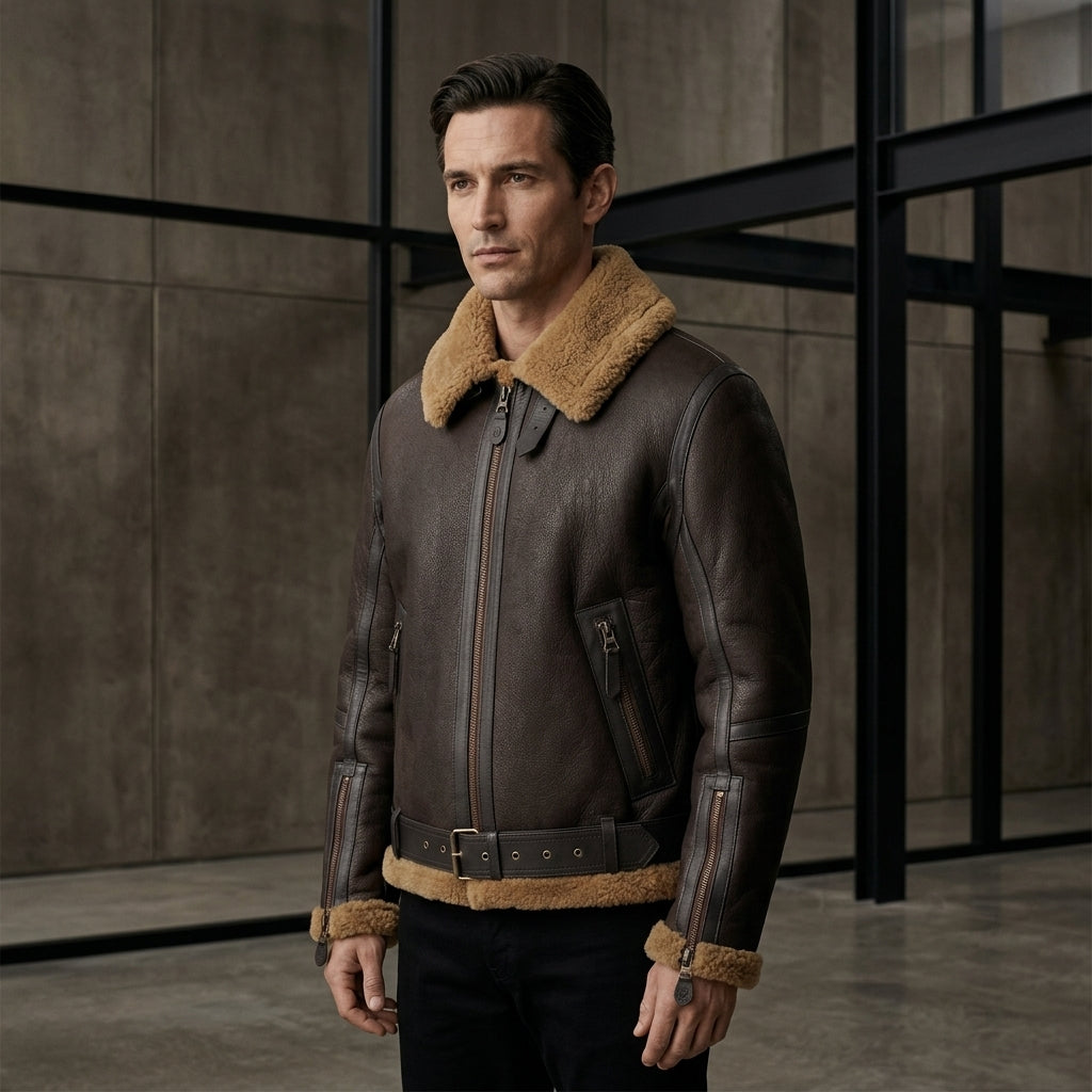 Belstaff Wilder Inspired Men's Shearling Aviator Jacket – Brown