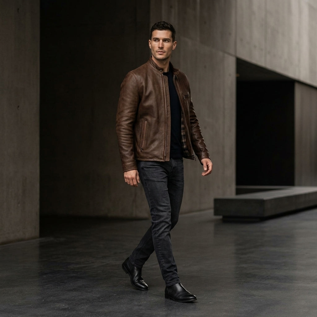 Schott 530 Inspired Men's Leather Cafe Racer Jacket – Dark Brown