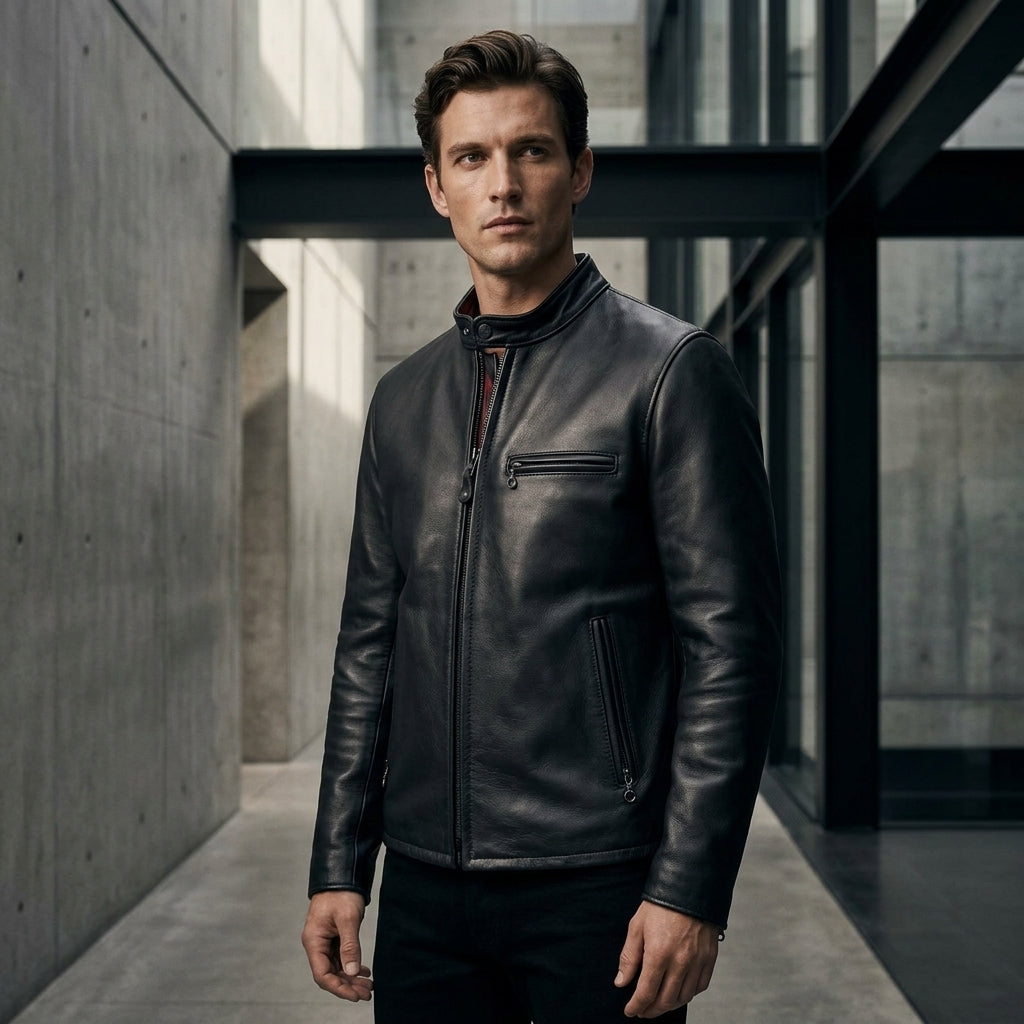 Schott 530 Inspired Men's Leather Cafe Racer Jacket – Black