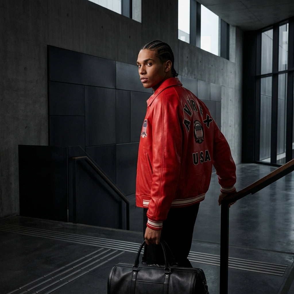 Avirex Icon Inspired Red Leather Bomber Jacket