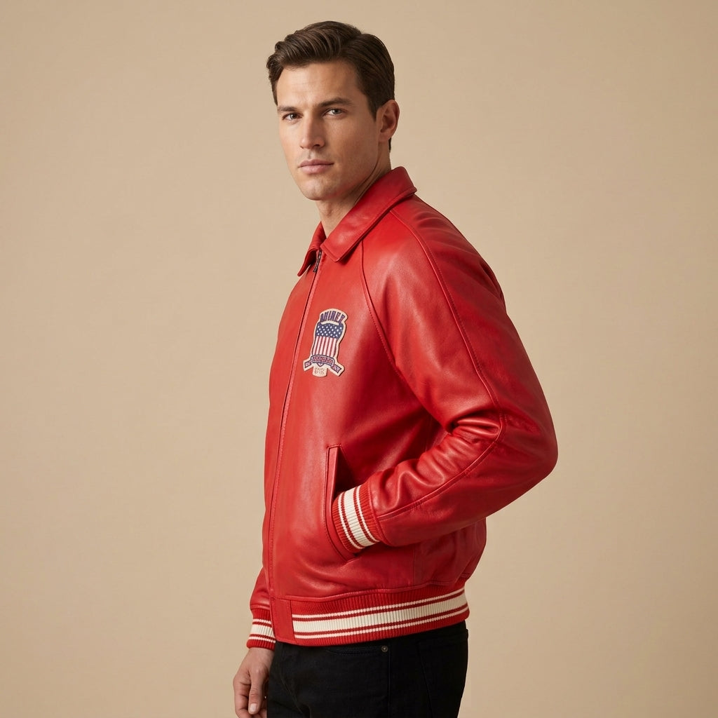 Avirex Icon Inspired Red Leather Bomber Jacket