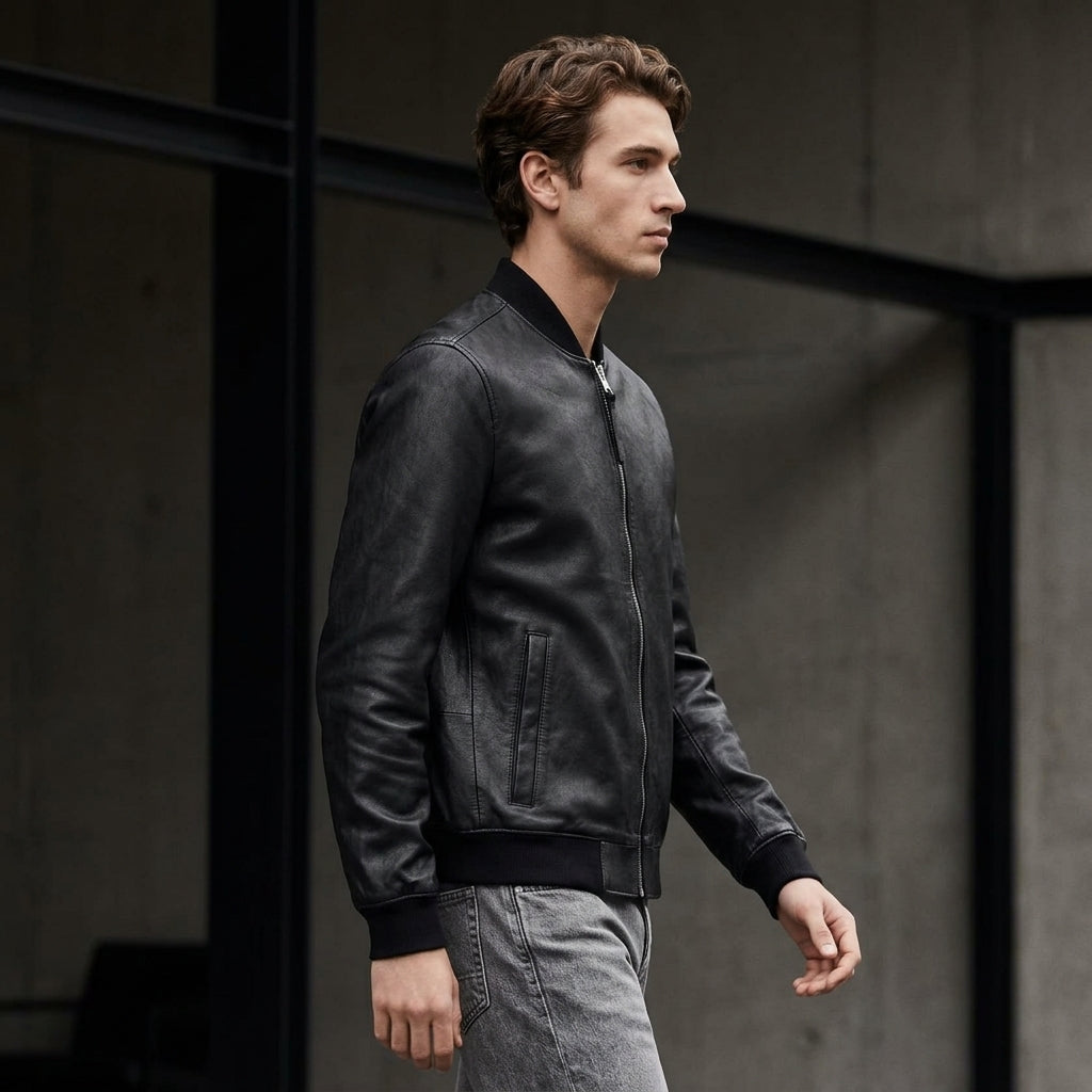 AllSaints Morten Inspired Men's Leather Bomber Jacket – Black