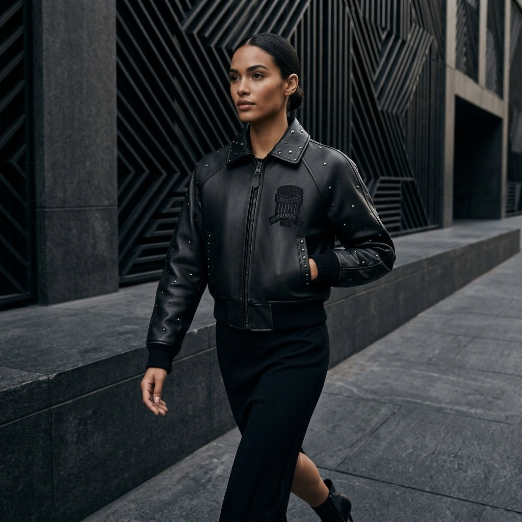 Avirex Cropped Icon Inspired Women's Leather Bomber Jacket – Black
