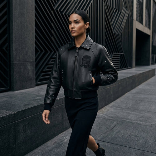 Avirex Cropped Icon Inspired Women's Leather Bomber Jacket – Black