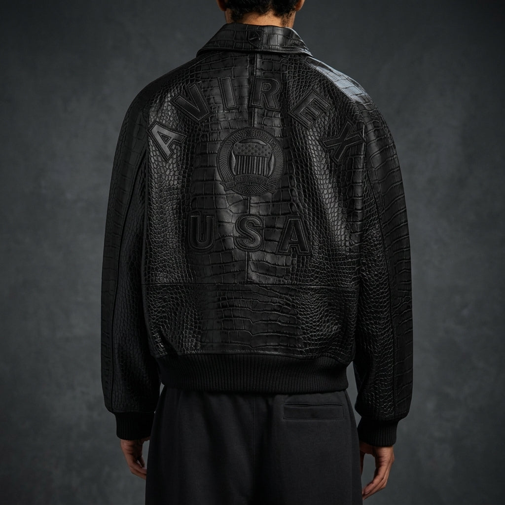 Avirex Limited Edition Croc Icon Inspired Leather Bomber Jacket – Black