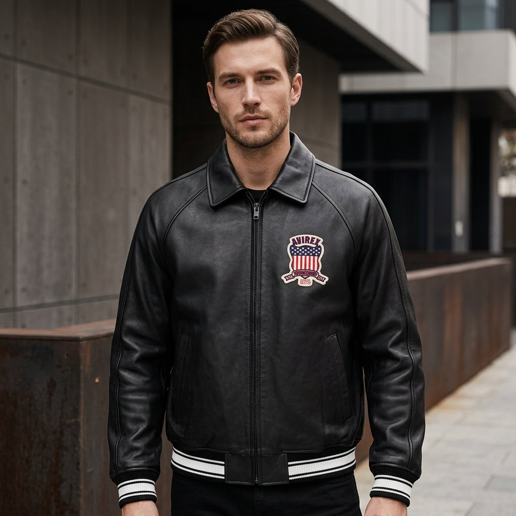 Avirex Icon Inspired Black Leather Bomber Jacket