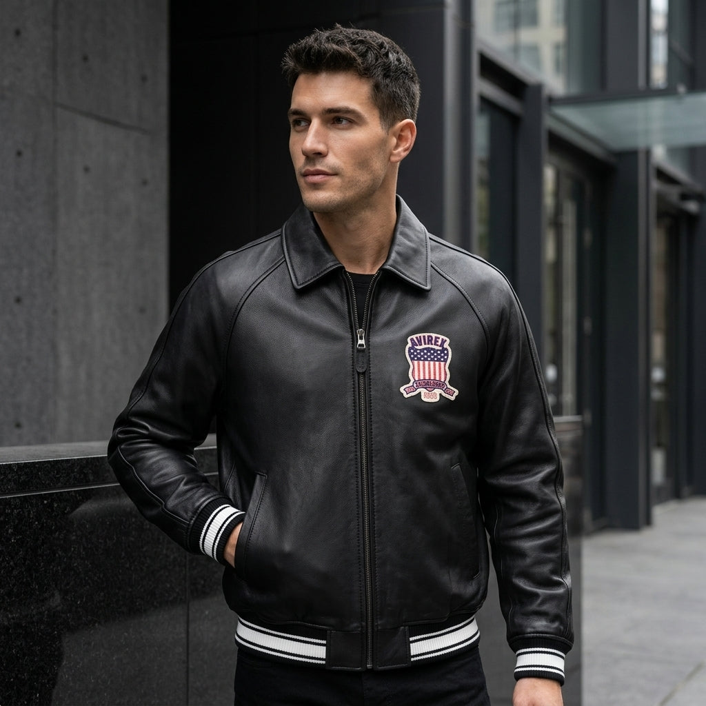 Avirex London Icon Inspired Leather Bomber Jacket