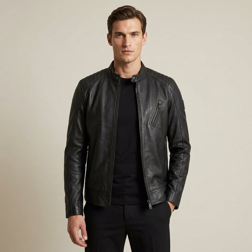 Belstaff V Racer Inspired Men's Leather Cafe Racer Jacket – Black