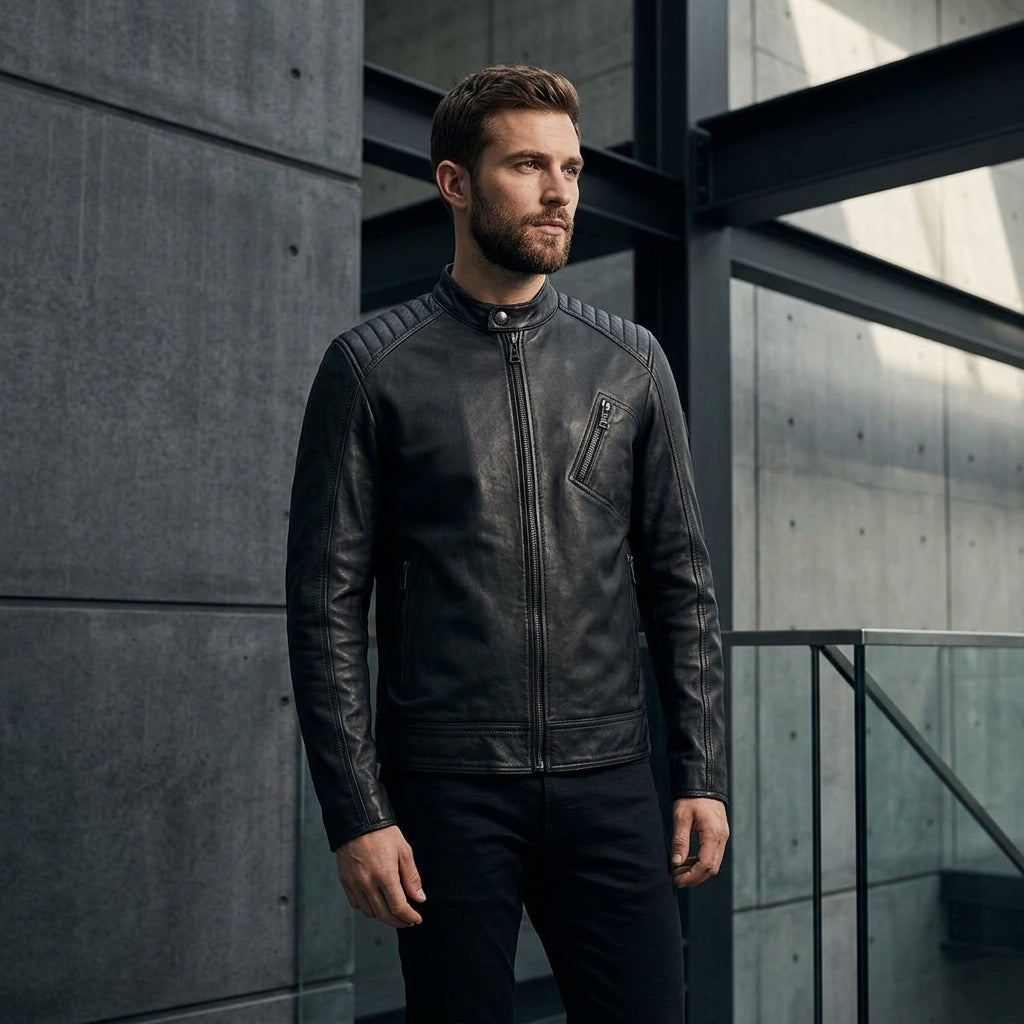 Belstaff V Racer Inspired Men's Leather Cafe Racer Jacket – Black