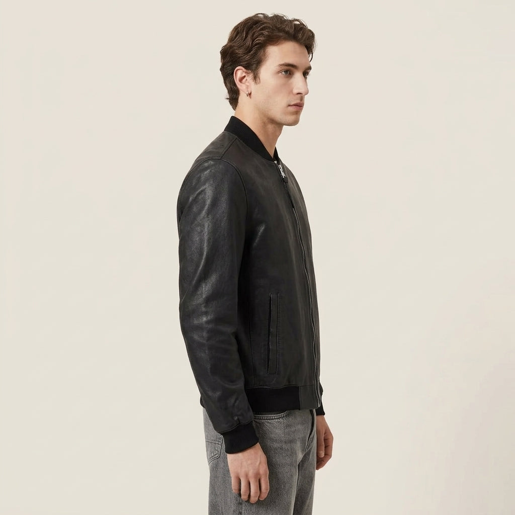 AllSaints Morten Inspired Men's Leather Bomber Jacket – Black