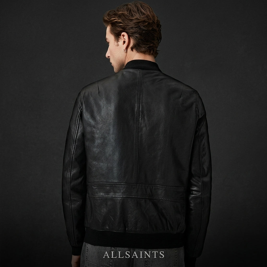 AllSaints Morten Inspired Men's Leather Bomber Jacket – Black