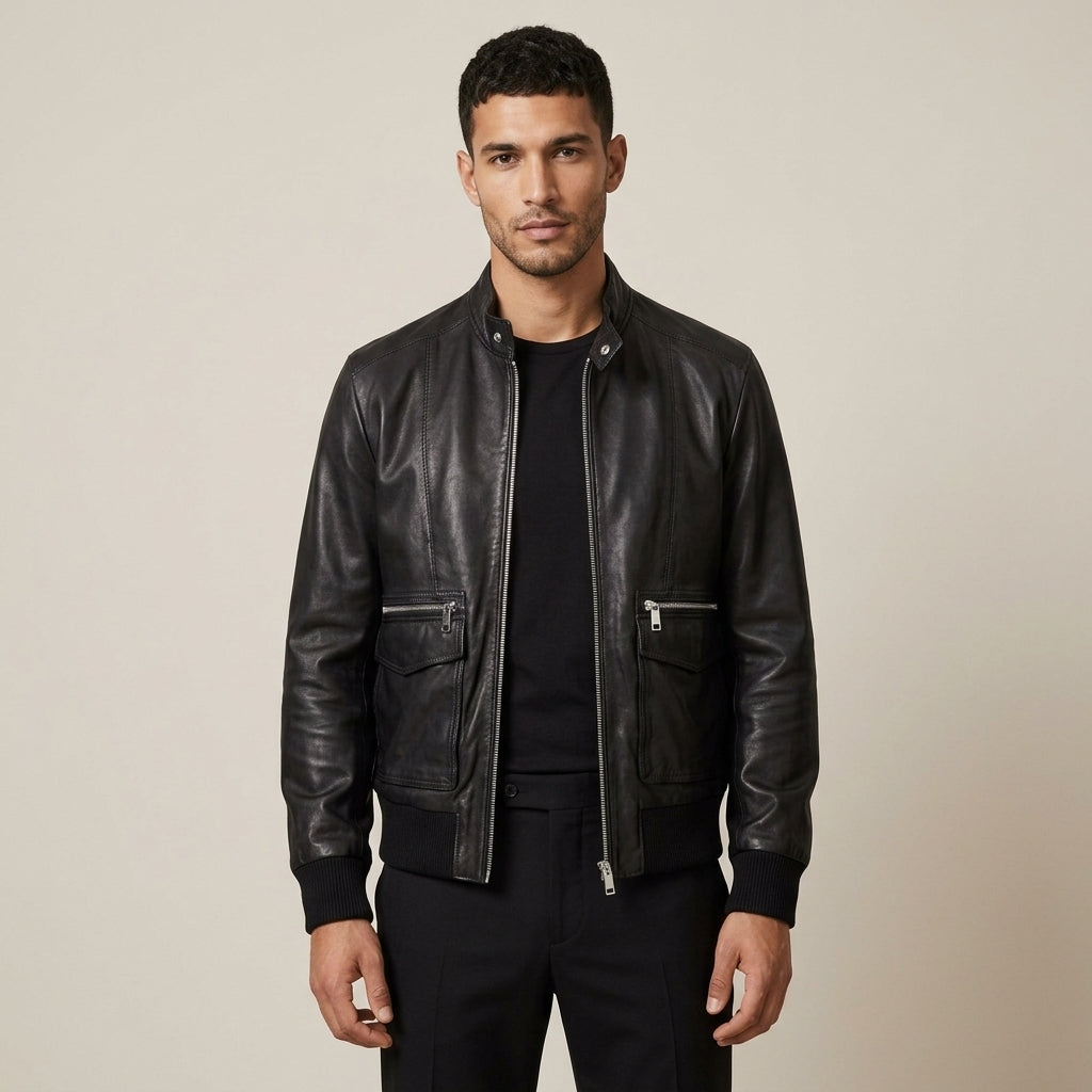 AllSaints Hiro Inspired Men's Leather Bomber Jacket – Black