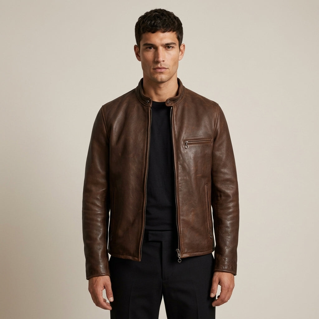 Schott 530 Inspired Men's Leather Cafe Racer Jacket – Dark Brown