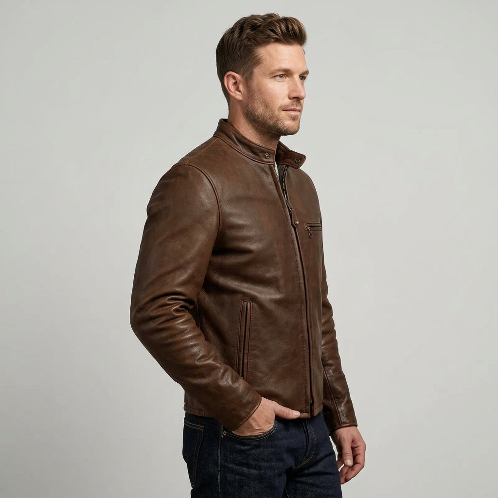 Schott 530 Inspired Men's Leather Cafe Racer Jacket – Dark Brown