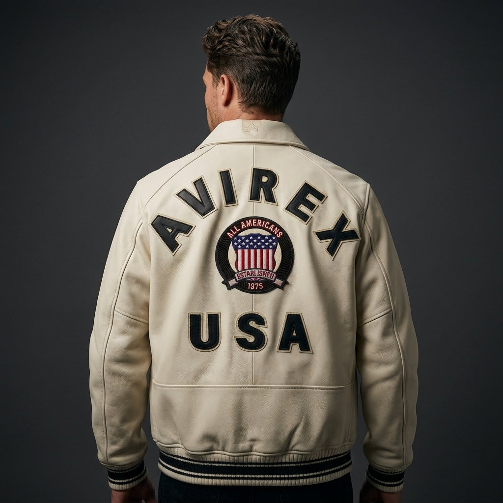 Avirex Icon Inspired White Leather Bomber Jacket