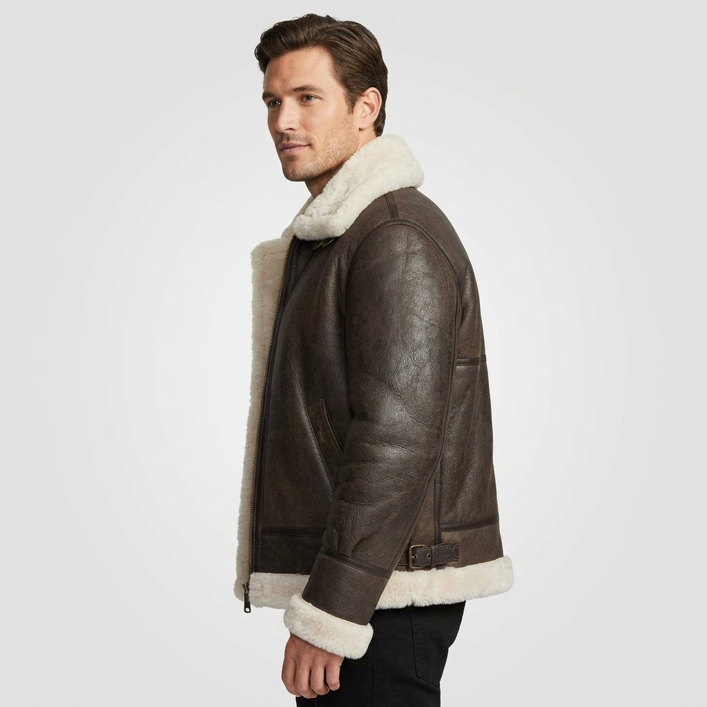 Schott B-3 Inspired Men's Shearling Leather Bomber Jacket – Brown