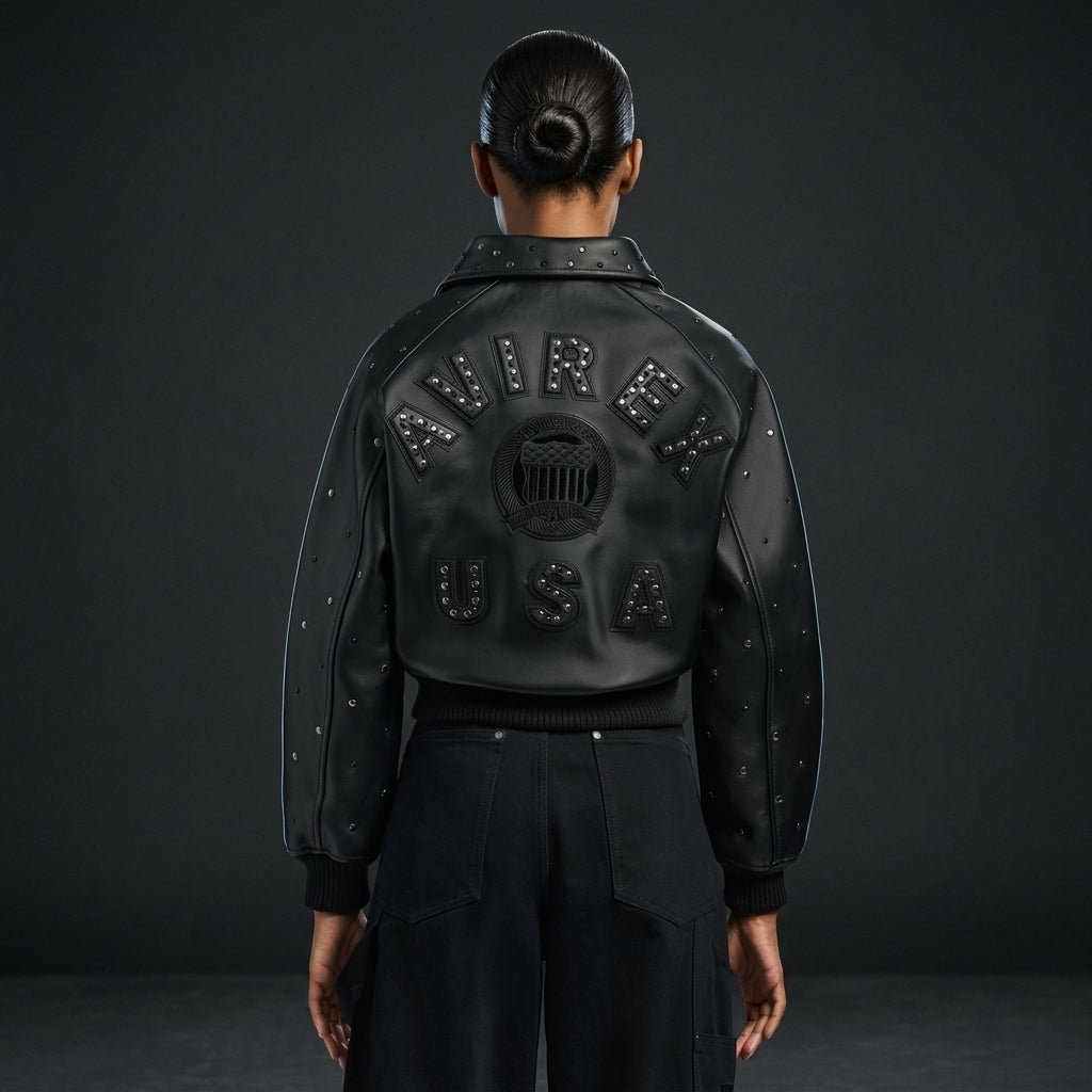 Avirex Cropped Icon Inspired Women's Leather Bomber Jacket – Black