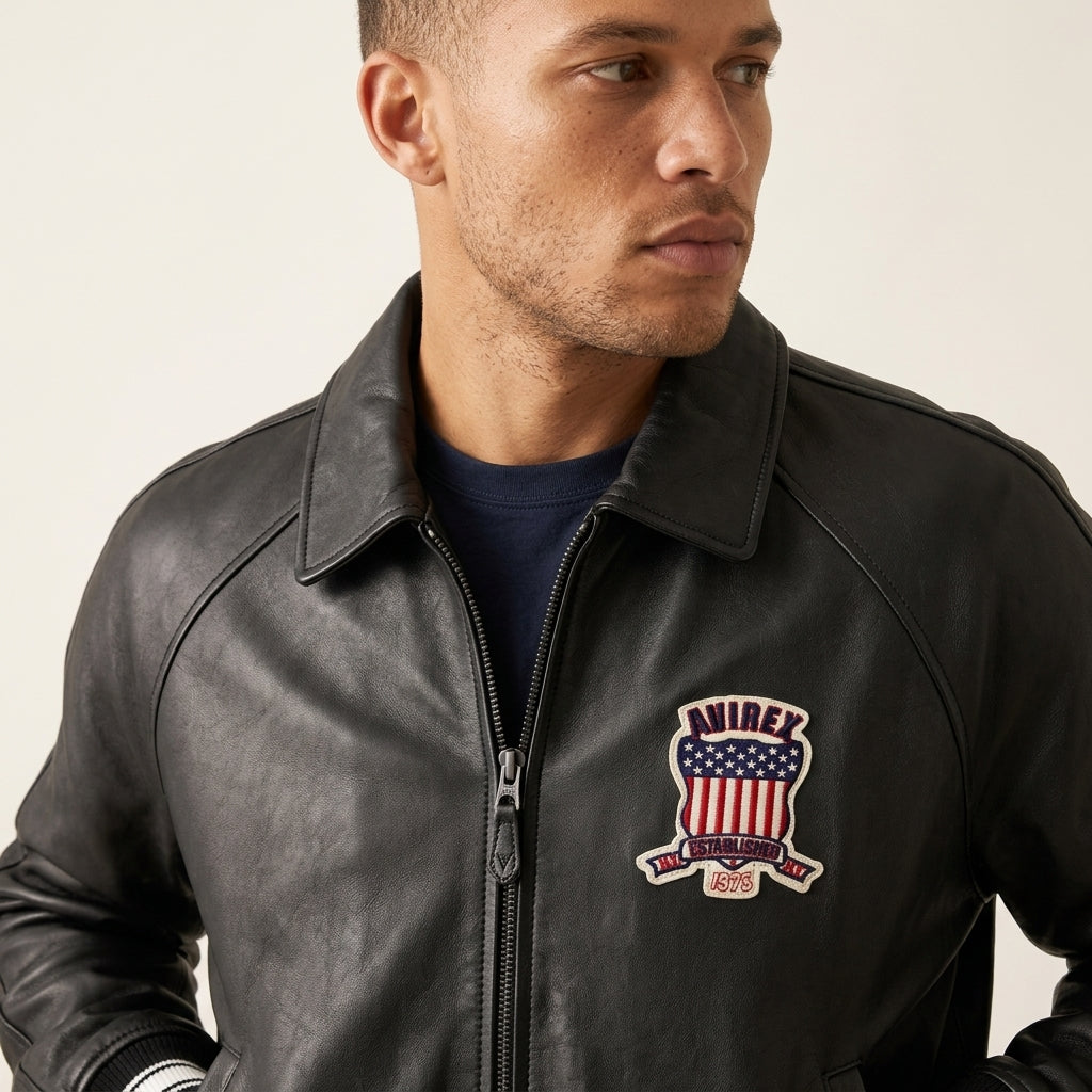 Avirex Icon Inspired Black Leather Bomber Jacket