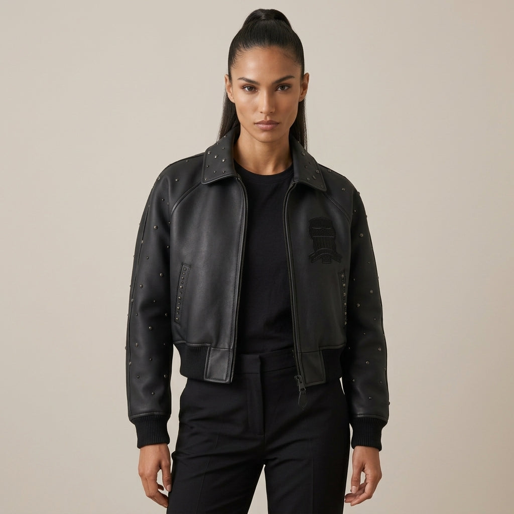 Avirex Cropped Icon Inspired Women's Leather Bomber Jacket – Black