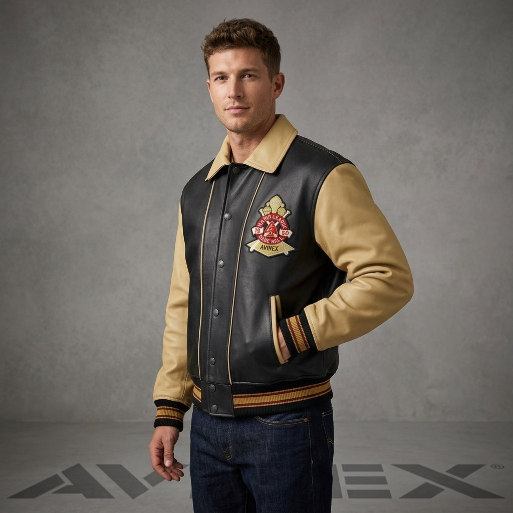 Avirex Inspired Men's Leather Varsity Jacket – Black & Cream