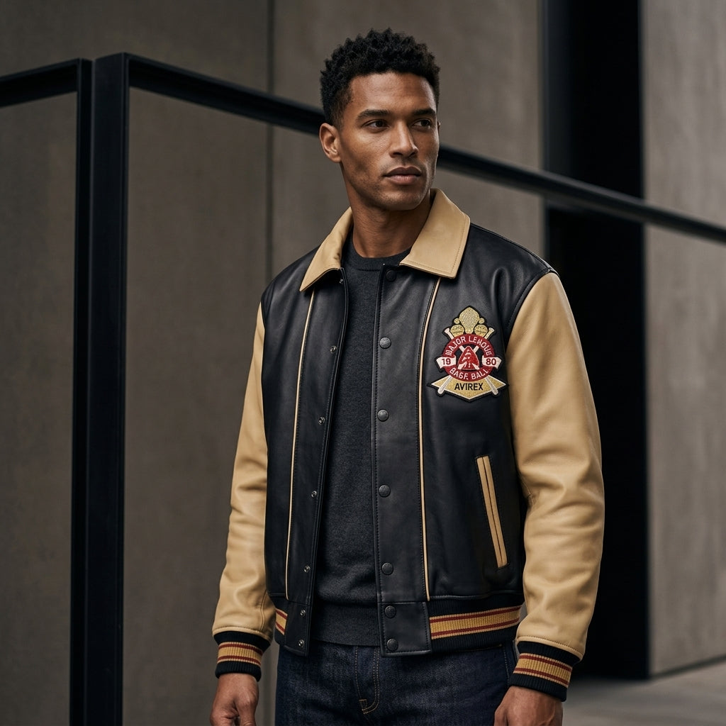 Avirex Inspired Men's Leather Varsity Jacket – Black & Cream