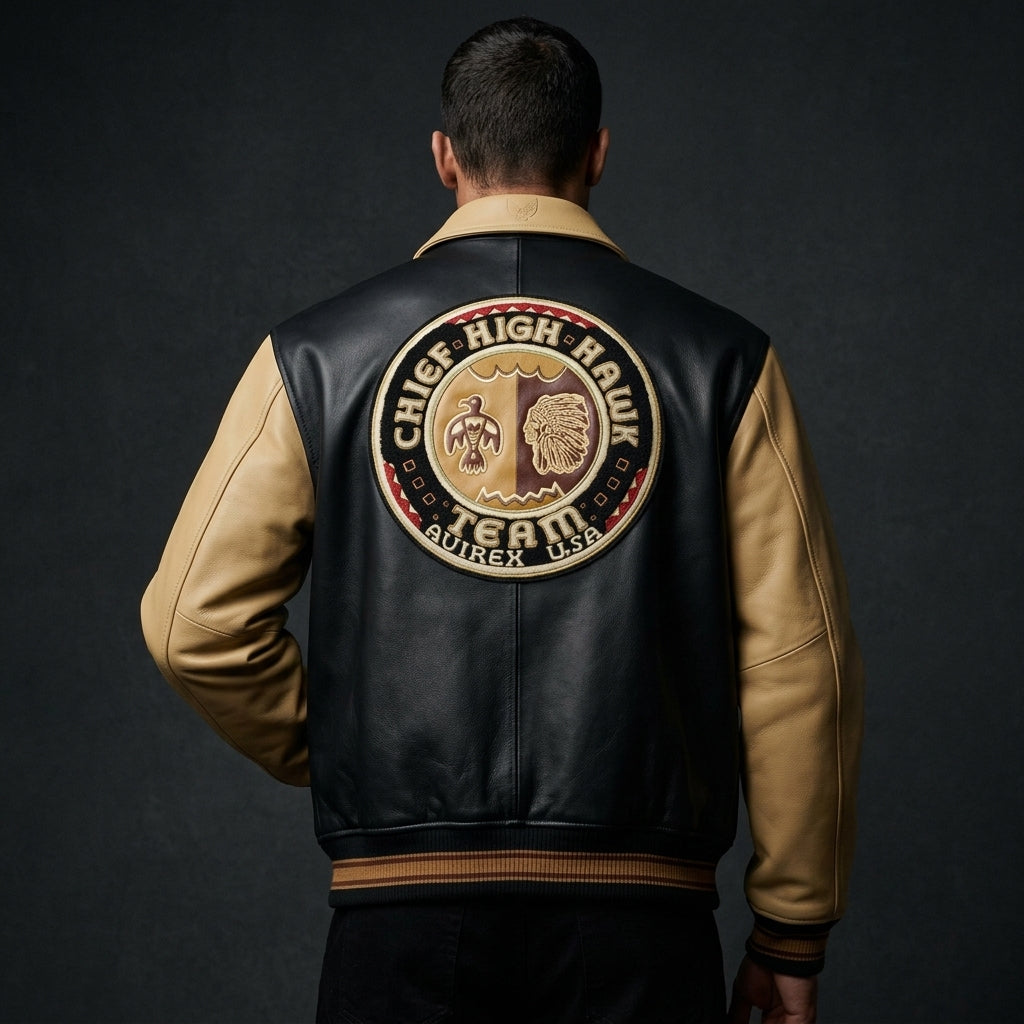 Avirex Inspired Men's Leather Varsity Jacket – Black & Cream