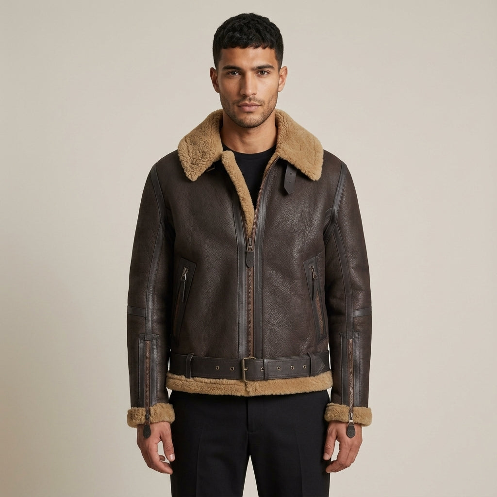 Belstaff Wilder Inspired Men's Shearling Aviator Jacket – Brown